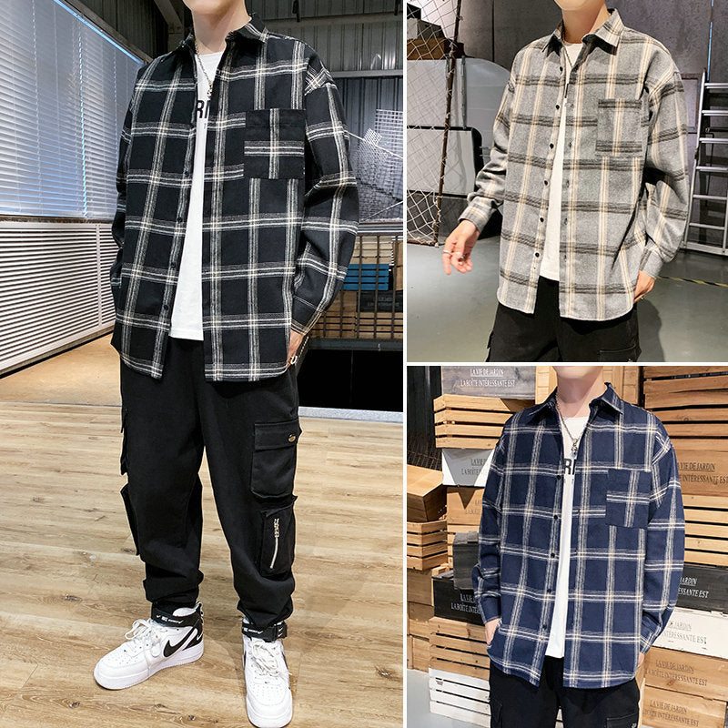 Plaid shirt male growth sleeve shirt